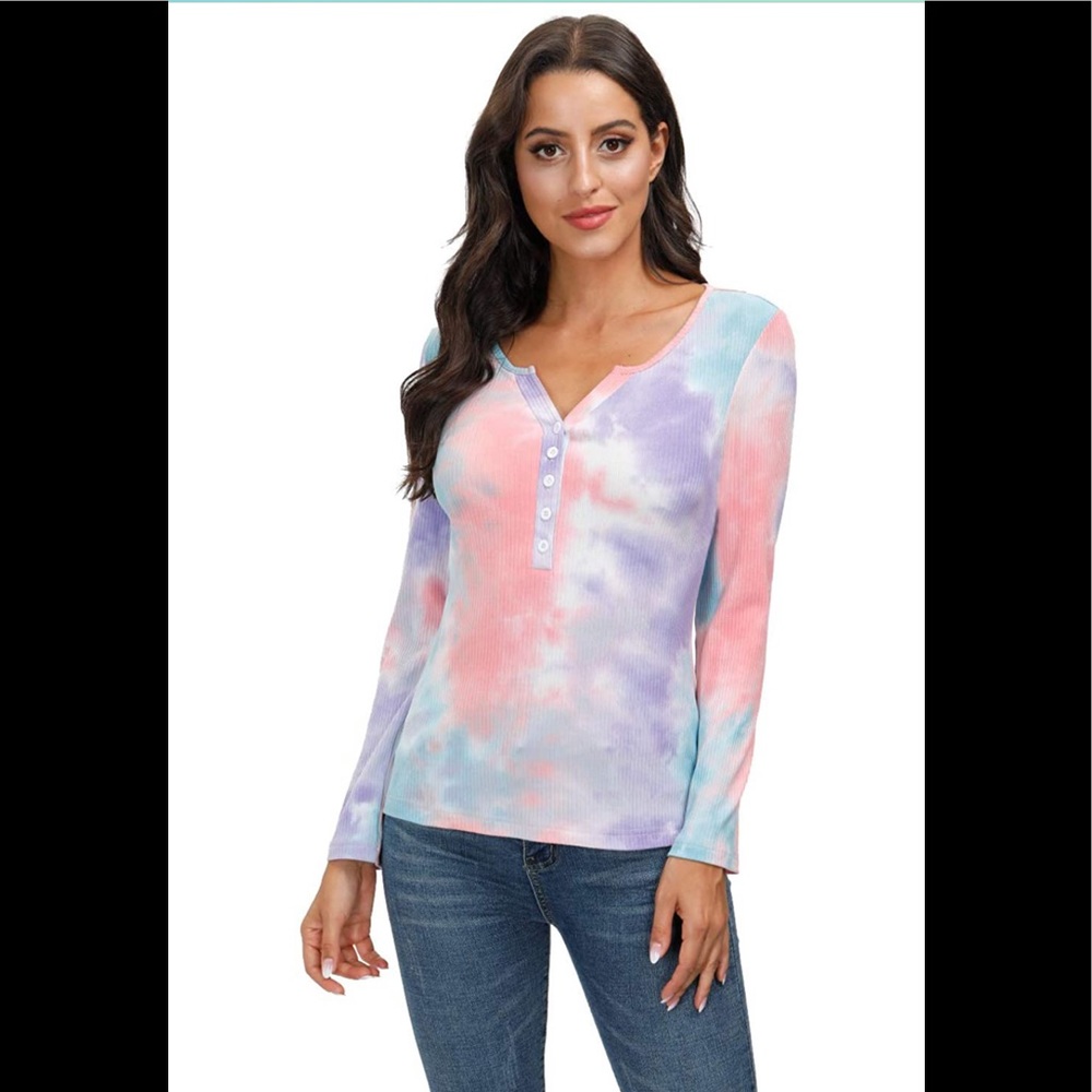 🆕 Trendy Cool Tie Dye ribbed LS Henley Top